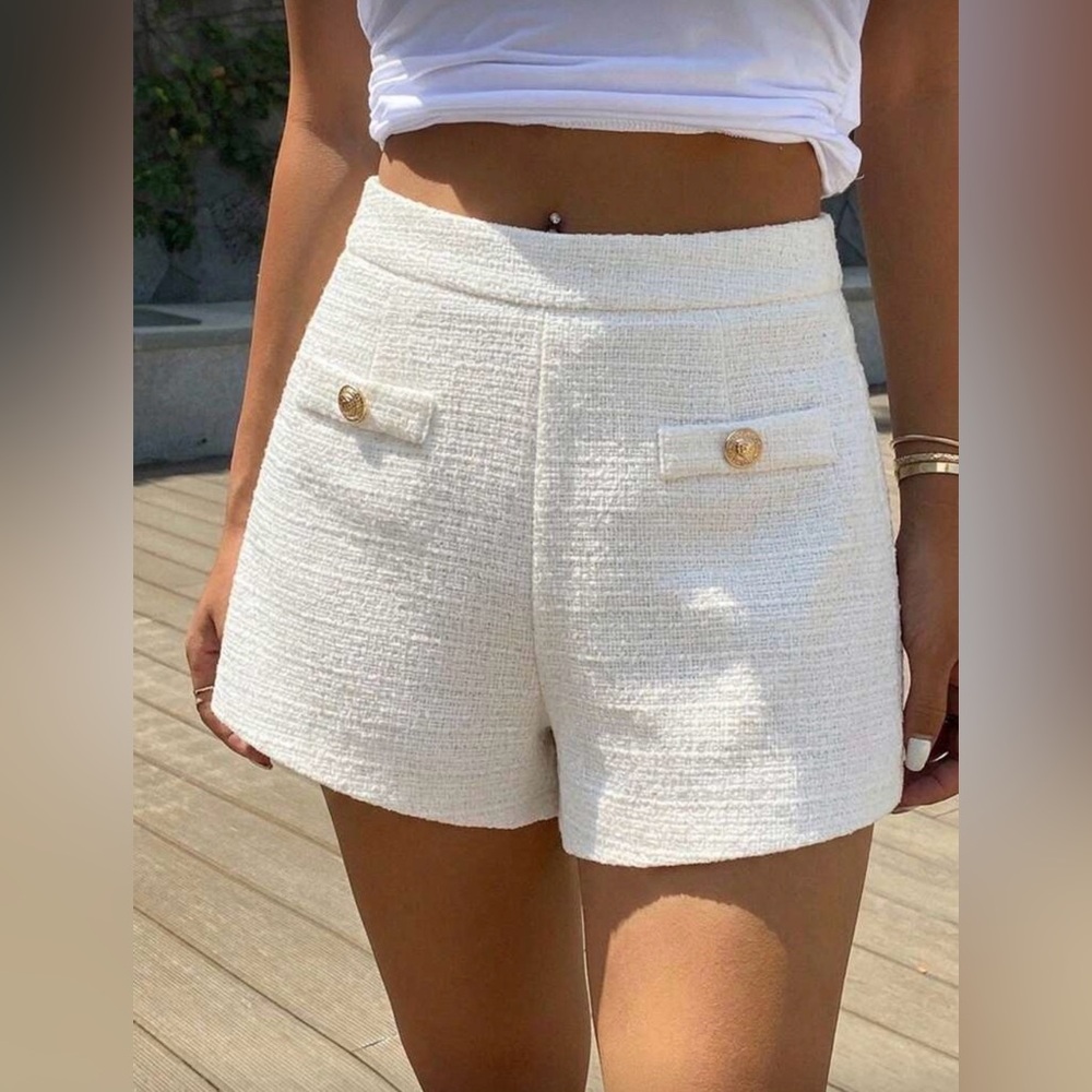 High-Waist Cream Tweed Women’s Shorts with Gold Buttons